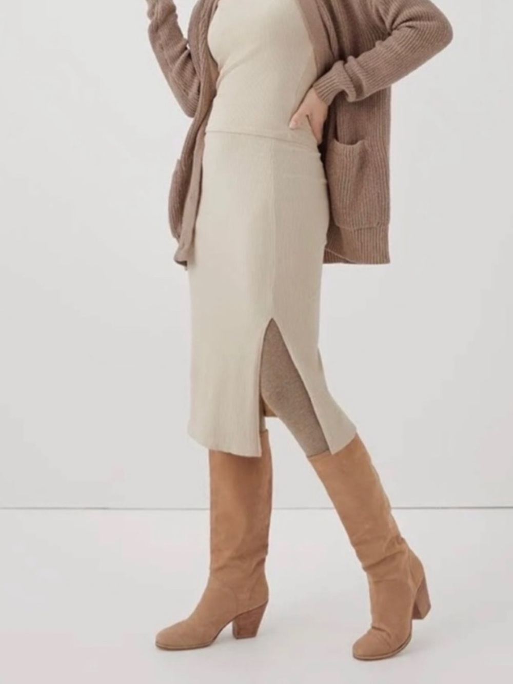 Pact Refined Cream Ribbed Knit Midi Skirt with Side Slit Size Medium